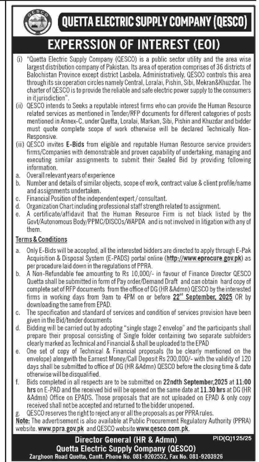 QESCO Quetta Tender Notice